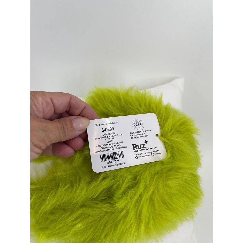 Dr. Seuss Grinch Lumbar Pillow OS White New Merry Grinchmas Faux Fur‎ 32x10